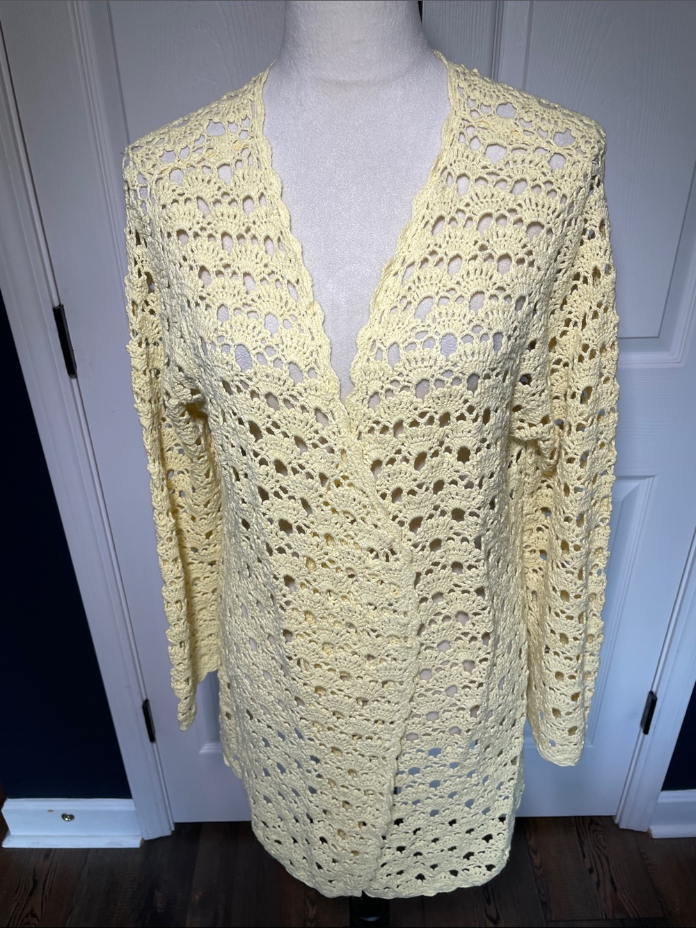 Modern Soul Yellow Cotton Linen Blend Crochet Open Knit Cardigan Sweater Sz L
